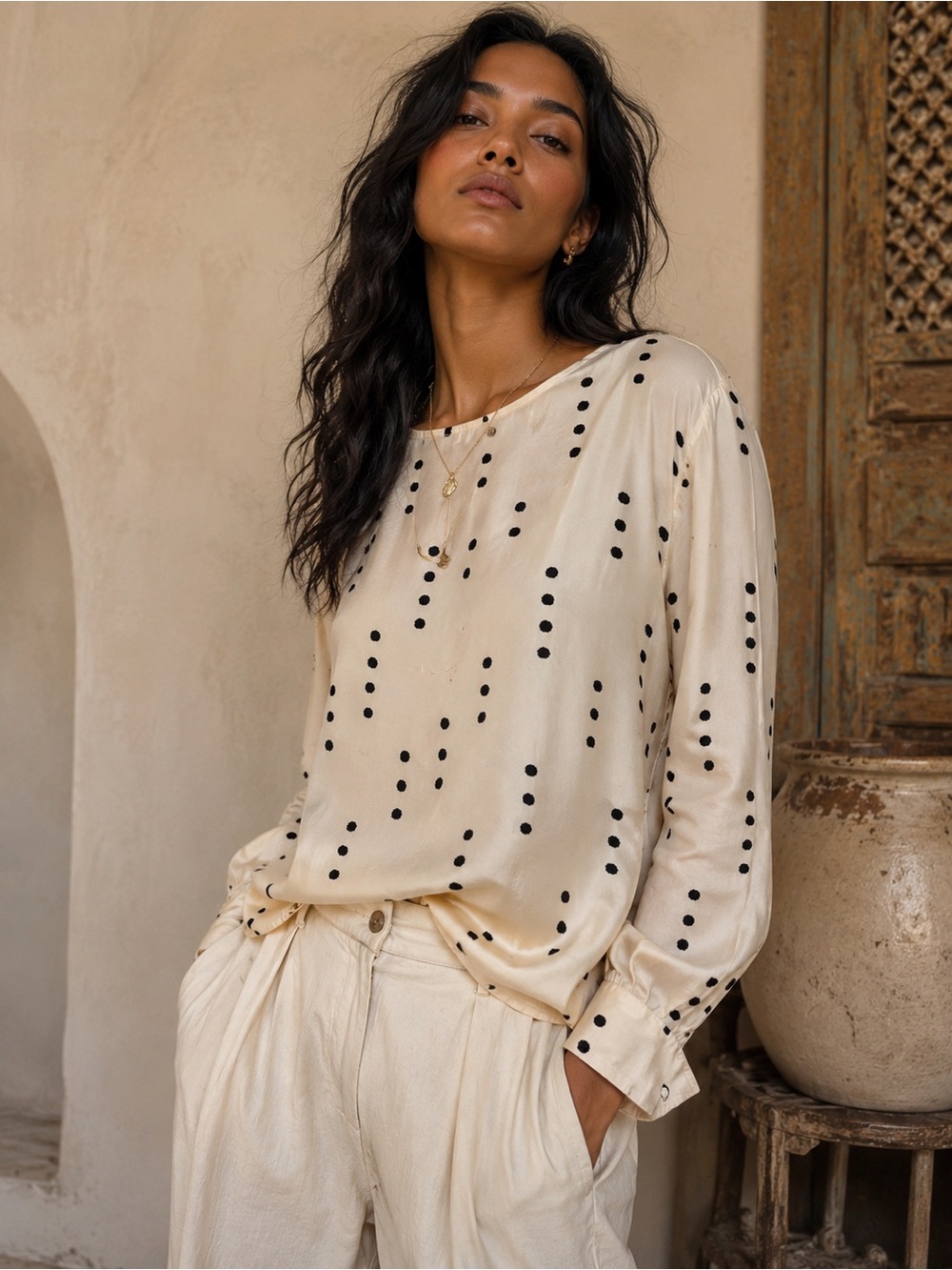 Polka Dot Silk Long-Sleeve Top - Cream/Black